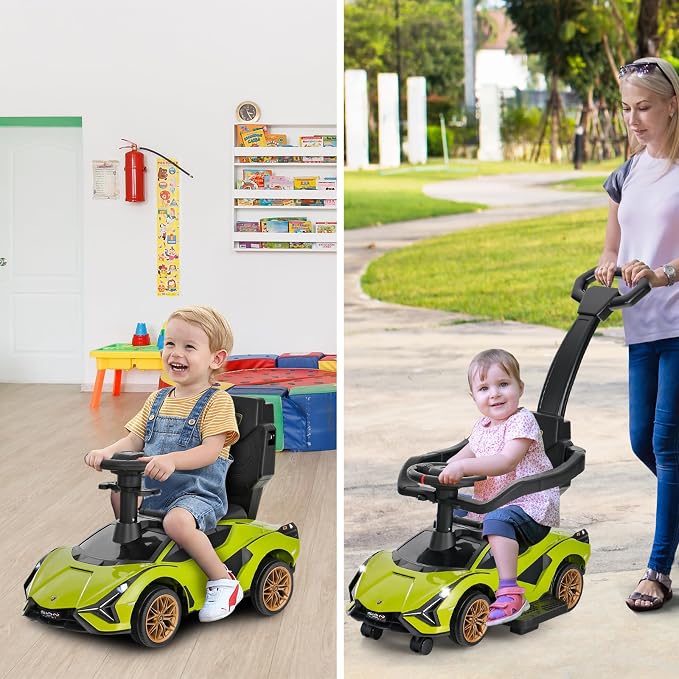 INFANS 3 in 1 Ride on Push Car, Licensed Lamborghini Baby Stroller Sliding Walking Car with Push Handle, Music, USB, Headlight, Under Seat Storage, Kids Foot-to-Floor Toy for 18-60 Months (Green)