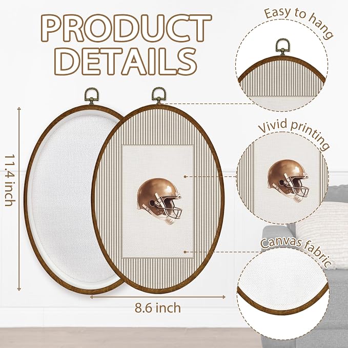 WULQYING Football Wall Art Decor, Boys Sports Nursery Oval Framed Canvas Art Prints, Neutral Striped Classic Football Helmet Wall Hanging Decor for Nursery Home Bedroom Sport Room, 8.6x11.4 Inches