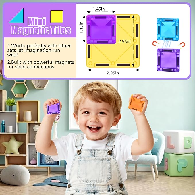 mini Magnetic Tiles,70pcs Travel Magnetic Tiles Set with Iron Box,Portable Magnetic Building Blocks for Kids Ages 3-8,STEM Montessori Educational Toys Gift for Boys & Girls