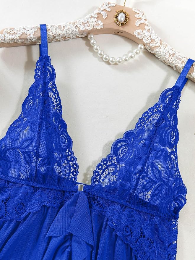 Foxiny Sexy Open Front V Neck Ruffle Sheer Mesh Lace Wireless Babydoll Lingerie Dress with Thong 2 Piece