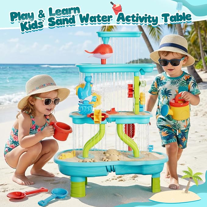 4 -Tier Kids Sand and Water Table for Toddlers - Outdoor Water Sand Play Table Toys for Boys Girls, Summer Splash Activity Sensory Table Party Birthday Gift for Kids 3-5 6-12