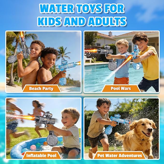 6pcs Electric Water Gun for Kids Adults, Auto Squirt Gun with Flashing Muzzle, 26FT Range, Leak-Proof Rechargeable Water Blaster for Summer Pool Beach Water Fights (3 Black+3Blue)