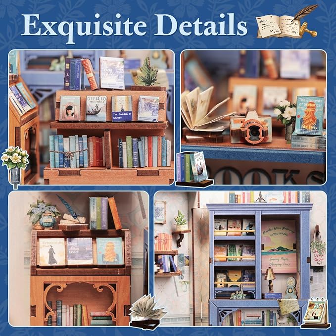 Fsolis Book Nook Kit - 3D Wooden Puzzles for Adults | DIY Miniature House Kit Tiny House Mini Booknook Bookshop Gifts for Women Teenagers (Literature Bookstore)