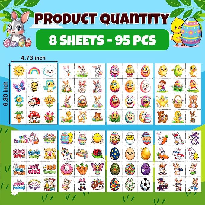 JCFIRE Easter Basket Stuffers, Temporary Tattoos for Kids, Spring Egg Fillers, Cute Bunny Stickers, Easter Party Favors Toys Toddler Teens Boys