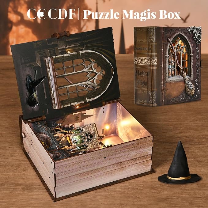 CCCDF Book Nook Kit, DIY Miniature Dollhouse Magic Book for Adults and Teens, 3D Wooden Puzzle Bookends with Sensor Led Light, Gifts for Family, Friends (Introduction to Magical Flight)