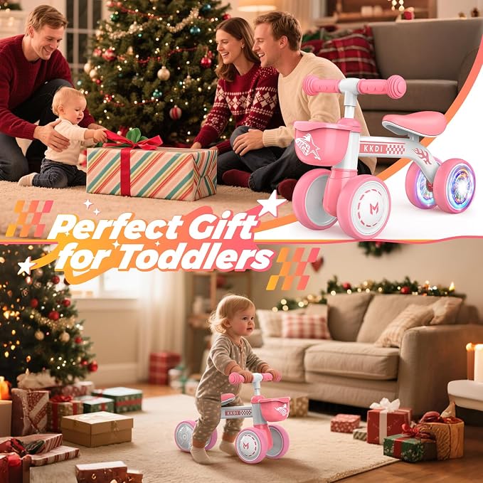 Kkdi Baby Balance Bike Ride on Toys for 1 2 Year Old, Pink Toddler Bike, First Birthday Gifts for 1 2 Year Old Girls, Baby Indoor Outdoor Toy, Colorful Lighting Silent Wheels, No Pedal/Basket