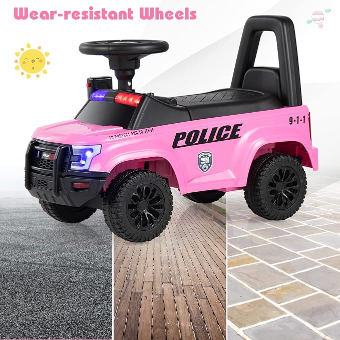 OLAKIDS Ride On Push Police Car, Toddler Foot-to-Floor Sliding Toy with Siren, Steering Wheel, Megaphone, Horn, Headlights, Under Seat Storage, Kids Racer Walking Gift for Boys Girls 1-3 (Pink)