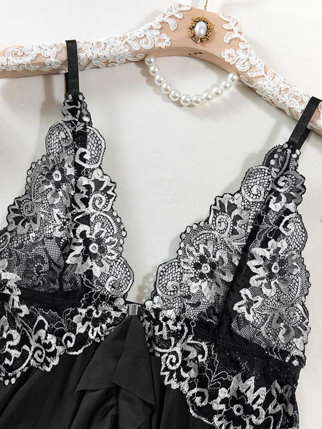 Foxiny Sexy Open Front V Neck Ruffle Sheer Mesh Lace Wireless Babydoll Lingerie Dress with Thong 2 Piece