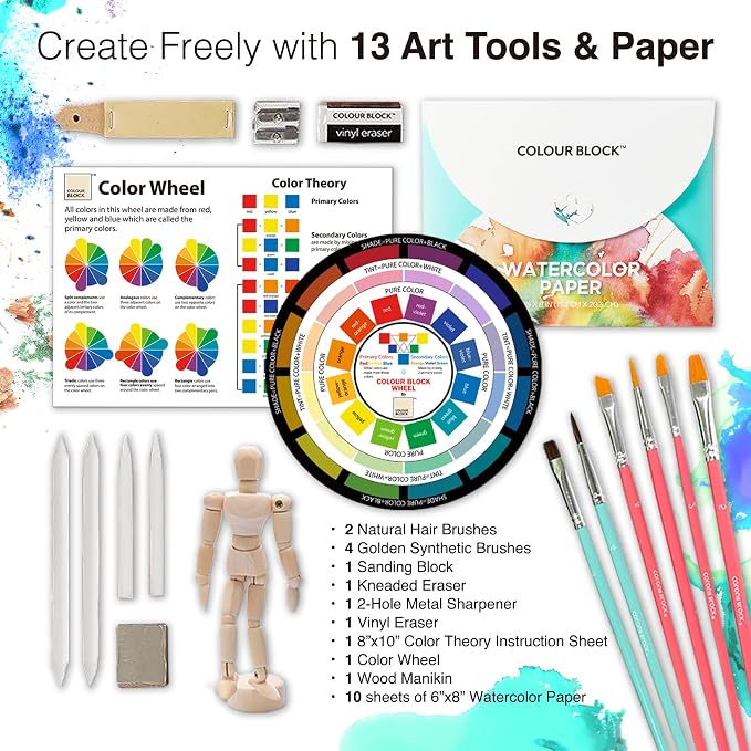 COLOUR BLOCK 181-Piece Mixed Media Art Set in PU Leather Case for Drawing Sketching Painting, Soft Oil Pastels, Acrylic Watercolor Paints, Pencils, Art Supplies Kit for Artists, Professional, Adults, Beginner