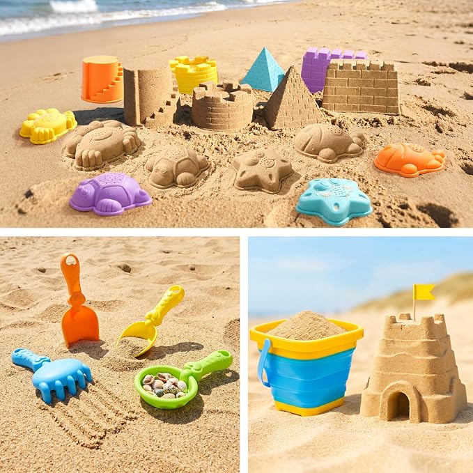AuntyFey Beach Sand Toys for Toddler 1-3 with Trucks, 2 Collapsible Beach Toys for Kids Ages 4-8, Sandbox Toys for Toddler, Collapsible Beach Sand Buckets with Castle Sand Molds Shovels