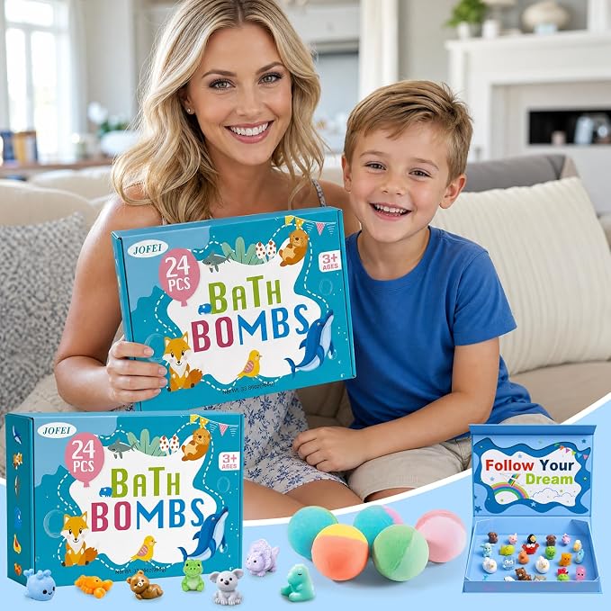 Bath Bombs for Kids with Surprise Inside, 24 Pack Kids Bath Bombs with Toys Inside Gift Set, Kid Bubble Bath Fizzy for Girls Boys with Bath Toys (Blue Edition)