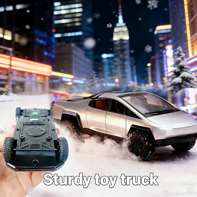 Toy Car Alloy Truck Set with Trailer and Motorcycle Cyberpickup Toy with Sound and Light Effect Pull Back Vehicle RV Toy EV Model Ideal Gift for Kids Boys Girls Adult Age for 3+