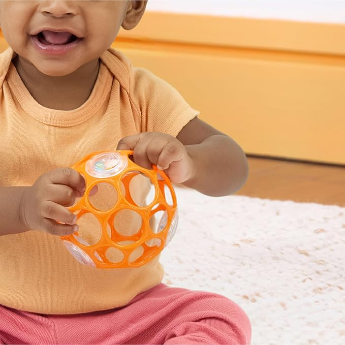 Bright Starts Oball Rattle Ball, Easy-Grasp Infant Rattle with Finger Holes, Orange, 0-36 Months