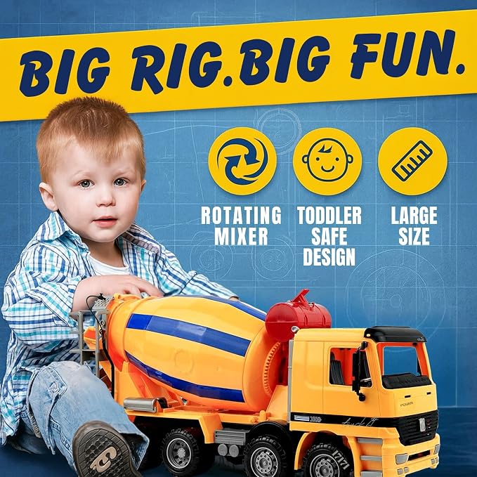 Liberty Imports 15" Oversized Construction Truck Toys for Kids – 1:22 Scale Friction Powered Vehicles with Realistic Moving Parts (Cement Mixer)