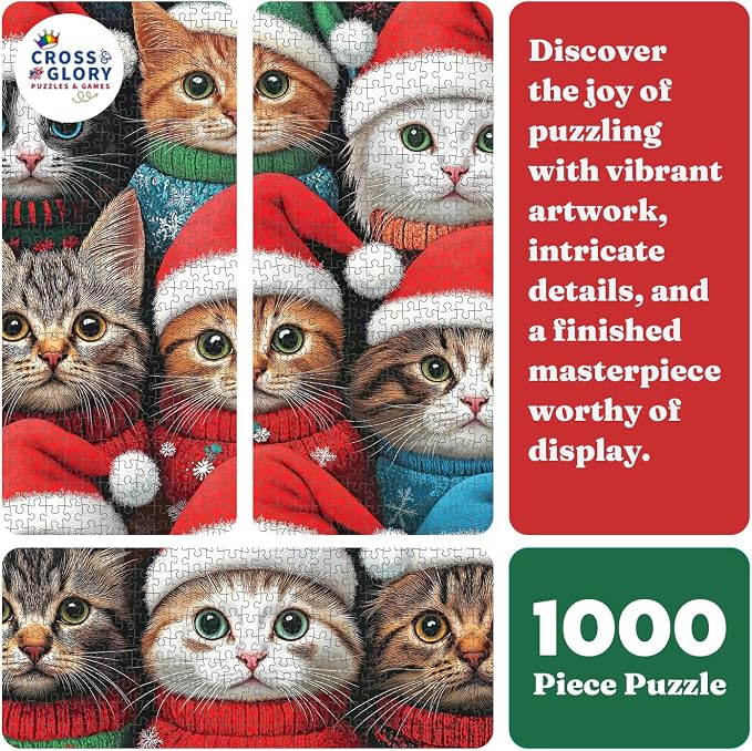 Cross & Glory - Whisker Wonderland: Holiday Cats Edition - 1000 Piece Jigsaw Puzzle for Adults | Festive Cat Puzzle | Christmas Jigsaw Puzzle with Vibrant Artwork