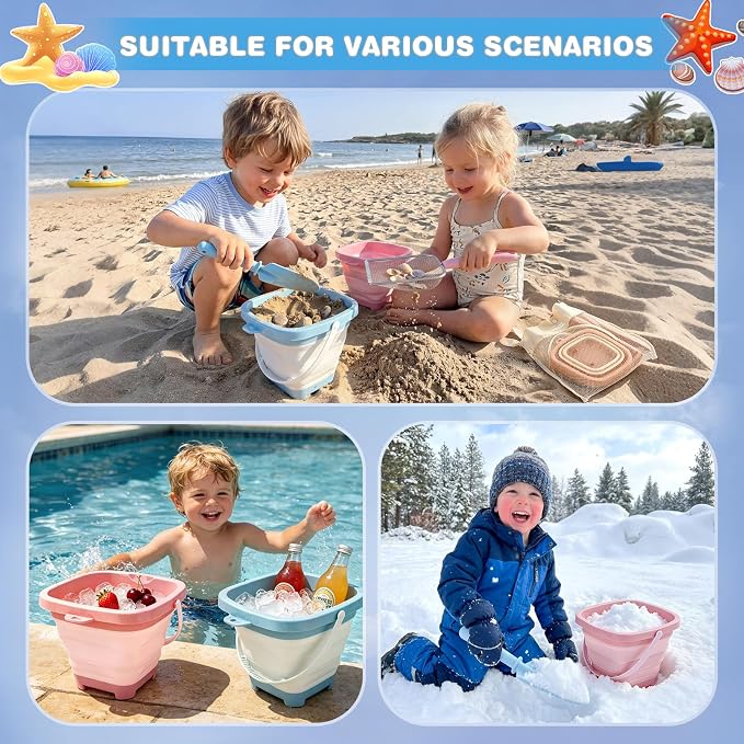 Beach Sand Toys Mesh Shovel Set for Kids, 3 Pack Collapsible Sand Buckets and Filter Sand Scooper with Mesh Bag for Shell Collecting, Shark Tooth Sifter Dipper Sandbox Toys for Toddlers Boys Girls