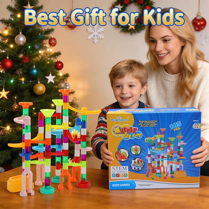 EagleStone 105PCS Marble Run STEM Maze Building Toy Race Track Set | 75 Track Pieces With Plastic And Glass Marbles, Marble Maze Race Track Toy For Kids Ages 3-12, Educational Gift Boys Girls
