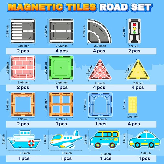 Magnetic Tiles Road Set, STEM Magnetic Building Blocks for Toddlers Kids Ages 3-5 4-8, Birthday for 3+ Year Old Boys Girls