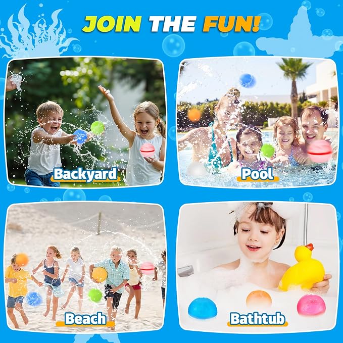 16PCS Reusable Water Balloons, Refillable Silicone Bath Pool Beach Toys for Kids, Quick Fill Self-Sealing Splash Balls for Outdoor Water Fun Summer Family Games