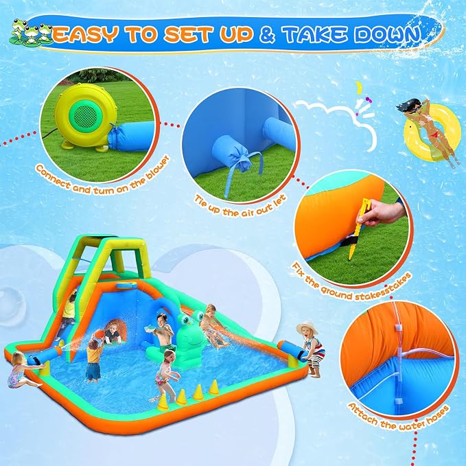 Bonnlo Inflatable Water Slide, Frog Design 8-in-1 Kids Water Park, with Climbing Wall, Blower Included, Backyard Summer Toy for Ages 3-8, Blue & Green