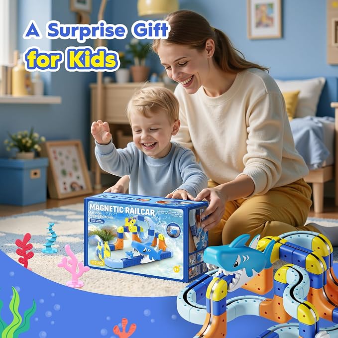Shark Electric Train Set Toys for Boys Girls 3-5: 3D Infinity Rail Cube Tracks for Kids Anti-Gravity Magnetic Train Easter Birthday Gifts STEM Toys for 3 4 5 6 7 8 Year Old Boy Girl (117PCS)