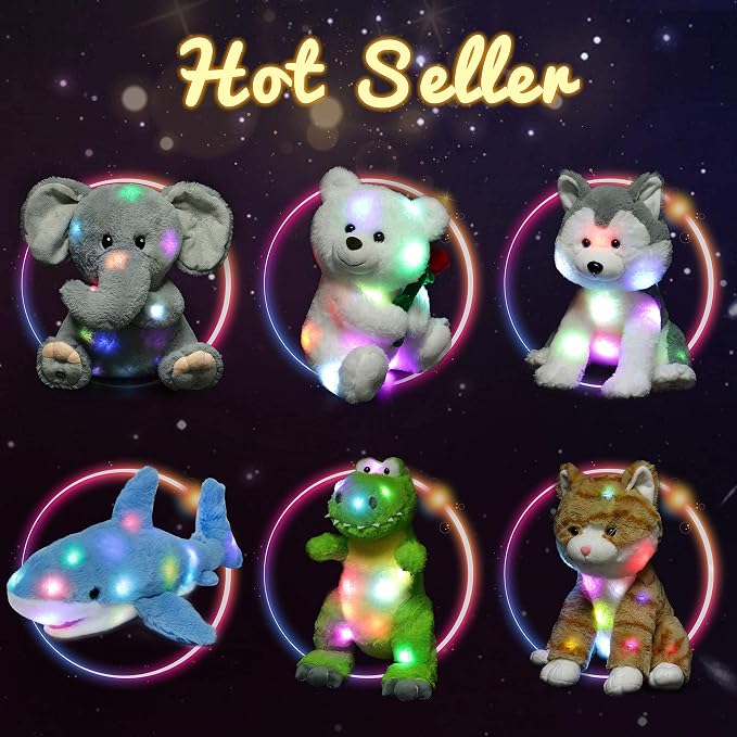 Hopearl LED Plush Dinosaur Lighting Up T-Rex Stuffed Animal Floppy Night Lights Glow in The Dark Birthday Festival for Kids Toddler Girls, Green, 12.5''