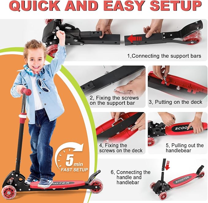 Scooter for Kids 3-5 5-7,Light up 3 Wheels Kick Scooter,Heavy Duty Folding Lean-to-Steer Scooters with 3 Adjustable Handlebar for Boys Girls,Widen Anti-Slip Deck,Rear Break,Holds up to 150Lbs