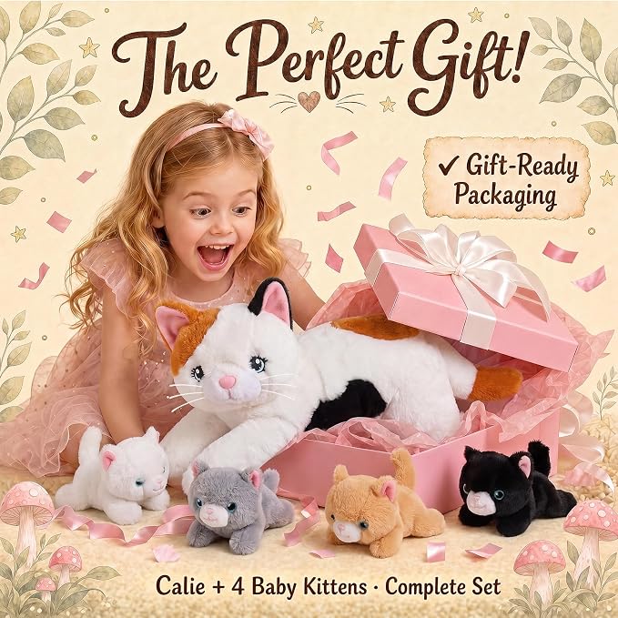 gnomantic Cat Stuffed Animals with Babies Inside, Mommy Toy for Kids | 5-Piece set: 1 mommy cat + 4 baby kittens inside. Unzip belly to reveal surprise babies. Ultra-soft, ages 3-8.