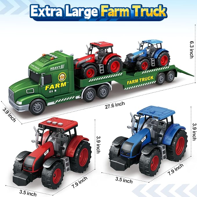 Bstoyder Toddler Boy Toys for 3 4 5 6 7 Years Kids, 27" Semi Flatbed Truck Toy with 2 Tractors, Friction Powered Vehicles Toys with Lights and Sounds, Birthday for Boy Girls