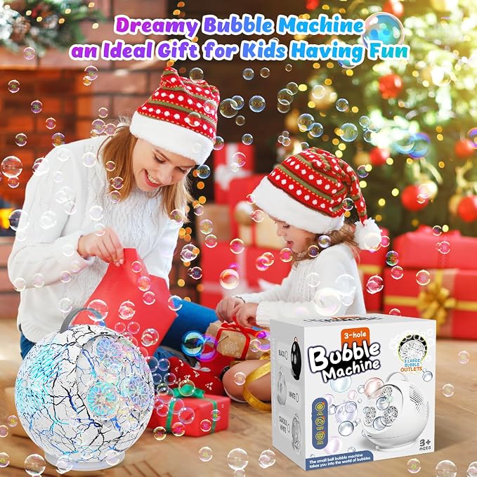 Bubble Machine for Kids 3+-45°/360° Rotating Bubble Blower with RGB LED Light,30000+ Bubbles Per Minute,Automatic Portable Bubble Maker for Boys Girls,Outdoor Party Easter Birthday Gifts (White Crack)