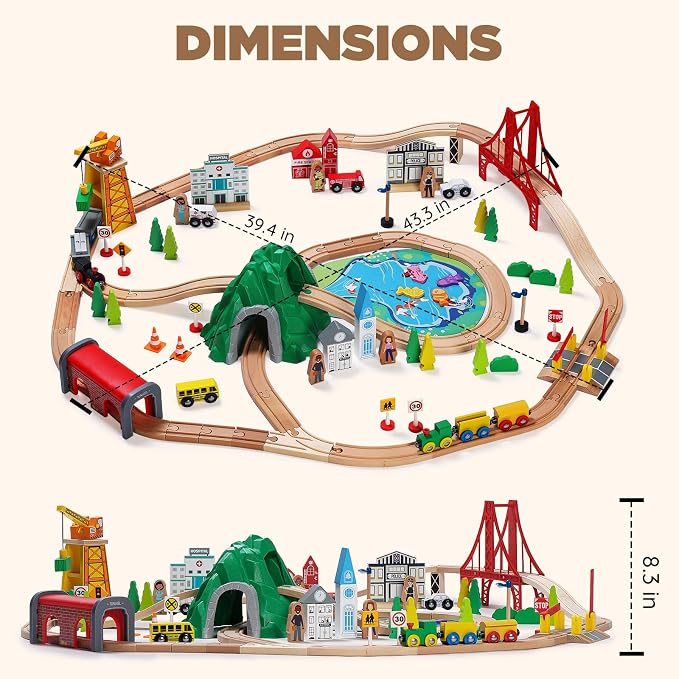 SainSmart Jr. 114PCS Wooden Train Set with Storage Box, Wood Train Track Set Compatible with Major Brands, Expandable Train Toys for 3-7 Years Old Girls & Boys, Great Birthday