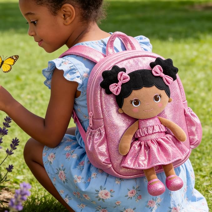 Lazada Toddler Backpack - Baby Girl Gifts Curly Fingerprints Plush Doll Dress Backpack - Fashion Girls Curly Rolled Fingerprints Series - Rose Red 11 Inches