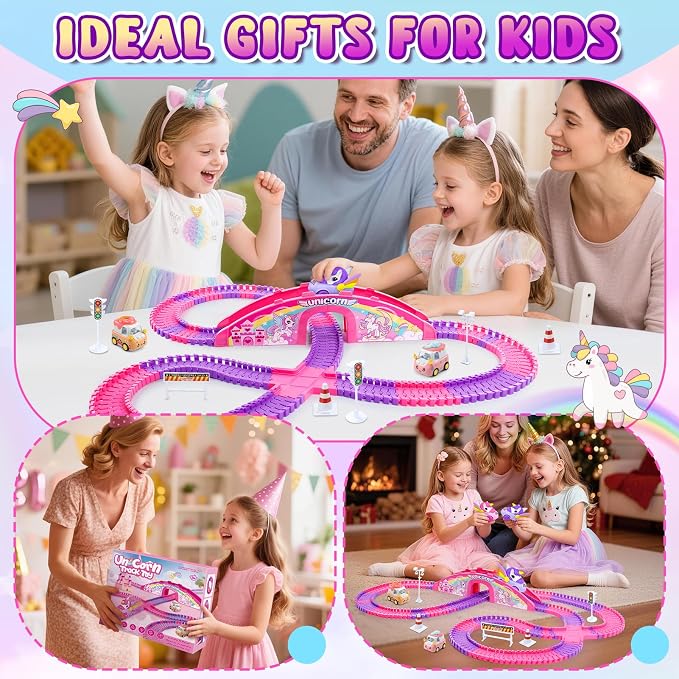 Aetyni Girls Toy Unicorn Car Track Set for Kids 4-6: Unicorn Monster Truck Race Track with 2 Princess Cars 3 4 5 6 7 8 Year Old Toddler Girl Birthday Gifts Girl Toys Age 4-5 6-7