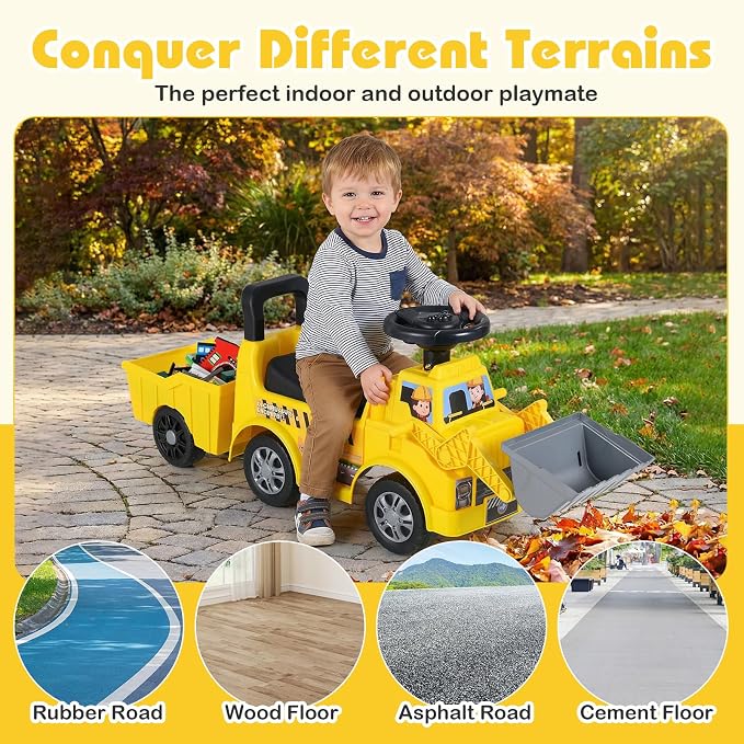 Costzon Ride on Excavator, Kids Tractor Digger Bulldozer Push Car w/Shovel, Detachable Trailer, Under-Seat Storage, DIY Stickers, Sit and Scoot Ride on Toy, Construction Car for Toddler 18+ Months