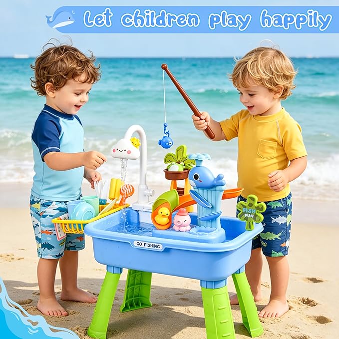 Kids Sand & Water Table β 4-in-1 Kitchen Sink Toy with Battery-Powered Water Pump, Faucet, Play Food & Fishing Set, for Boys & Girls Age 3+ (Blue-Cloud)