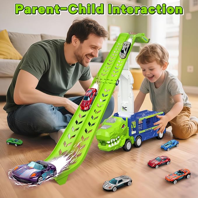 BainGesk Dinosaur Truck Car Toys for 3, 4, 5, 6 Years Old Boys Girls, 3 in 1 Carrier Truck with 2 Foldable Race Tracks, Transport Car with 6 Metal Cars, Birthday Toys Gifts for Toddlers