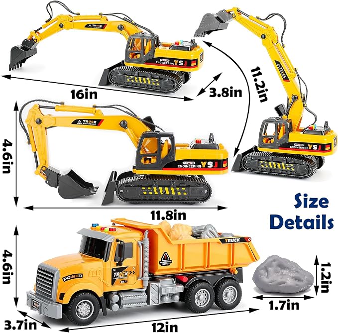 VGY 2 Pack Large Construction Engineering Truck Toys,Excavator Toys for Boys 3-5 Year Old with Moveable Claw,Trucks for Kids Ages 4-8 with Lifting Back Dump Truck,Christmas Birthday Gift for Toddlers