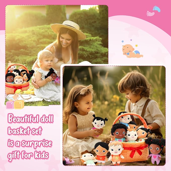 HyDren 10 Pcs Gifts for Children's Day Kids Multicultural Plush Dolls with Basket Diverse Soft Stuffed Dolls Inclusive Toys for Preschool Classroom Daycare Cultural Awareness Gift Set for Boys Girls