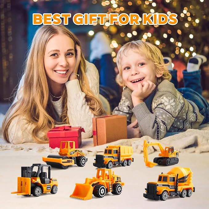 6 Pack Diecast Construction Vehicles Toys - Mini Digger Cake Toppers - Bulldozer Dump Truck Small Toy Car Set for Kids Children Boys Girls - Gifts for 3 4 5 6 7 Year Olds