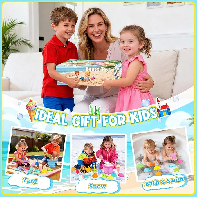 EULRGAUS Beach Toys, 36 PCS Sand Toys with Construction Vehicles, Collapsible Bucket, Princess & Prince and Ice Cream Toys, Sand Castle Building Kit, Beach Shovel, Beach Games for Kids, Boys and Girls