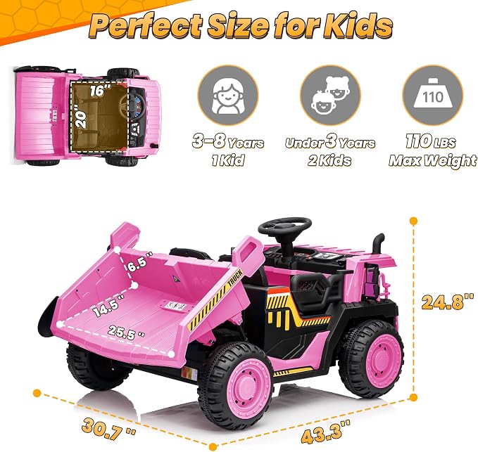 JOYRACER 24V 2 Seater Ride on Dump Truck w/400W Motors, Kids Ride On Car w/20'' Seat, Parent Remote, Electric Construction Vehicle w/Dump Bed & Shovel, 5Mph Max, Power Car Wheelers for Kids, Pink