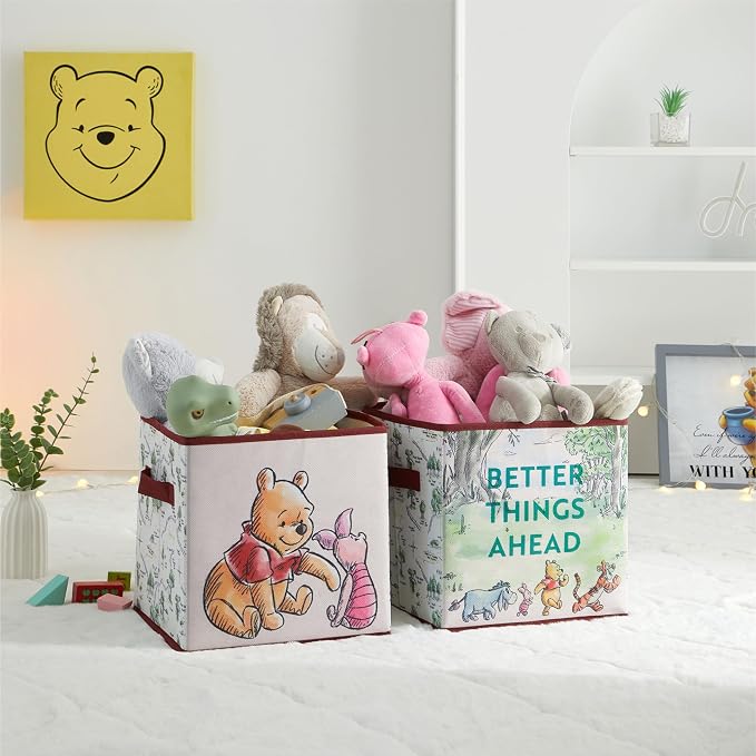 Disney Winnie the Pooh Storage Cubes, Set of 2 Fabric Storage Bins with Handles, 10x10 Collapsible Cube Organizer Baskets for Nursery, Kids Room, Playroom, Closet & Shelf Storage