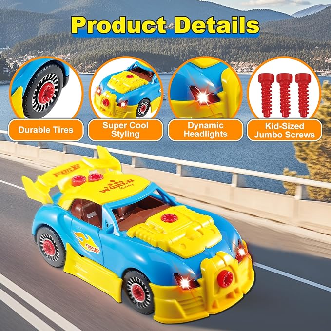 Pup Go Construction Toys for Kids 3 4 5 Years, Take Apart Toy Racing Car, 30 Pieces Building Toys with Electric Drill, Build Your Own Car, Realistic Sounds & Lights, Buildable Gifts (4 Spare Screws)