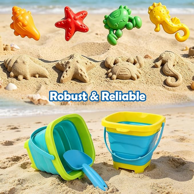 VGY Space-Saving Beach Toys for Kids,2 Collapsible Sand Buckets with Shovels,Rakes,Molds & Mesh Beach Bag,Portable Travel Sandbox Toys for Toddlers Ages 3-10