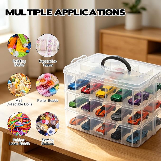 3-Tier 1/64 Scale Toy Car Storage Case with Carrying Handle Portable Transparent Storage Case Compatible with Matchbox Car Hot Wheels 30 Transparent Compartments Organizer for 30 Toy Cars