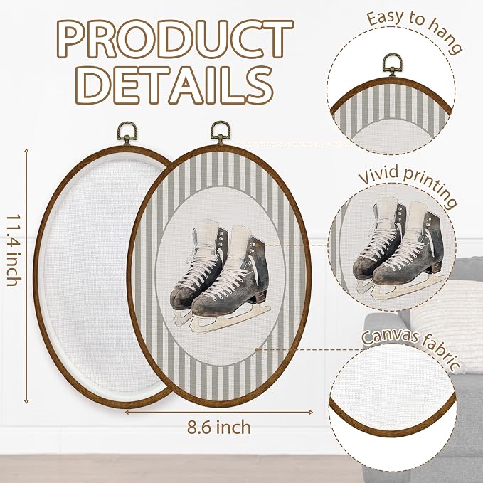 WULQYING Hockey Skates Sports Nursery Wall Art Decor, Boys Room Oval Framed Canvas Art Prints, Neutral Striped Sport Lover Gift Wall Hanging Decor for Kids Nursery Room Playroom, 8.5x11.3 Inches