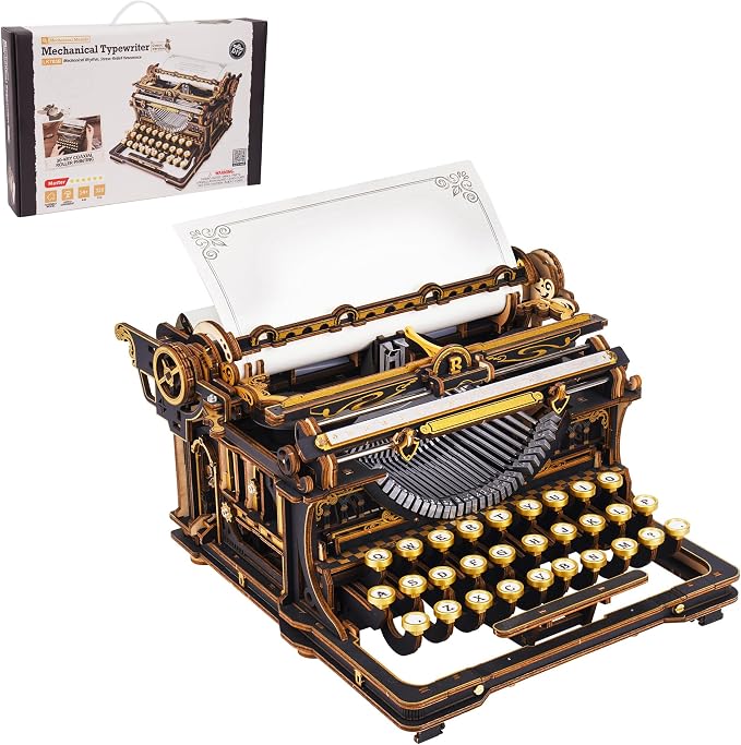 ROBOTIME 3D Wooden Vintage Typewriter Puzzle, Mechanical Moving Model LK703B, Functional Simulated Typing, Retro Desk Home Decor, Challenging Handcraft Gift for Adults Hobbyists 320 PCS