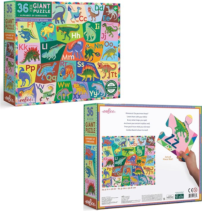 eeBoo 36 Piece Giant Floor Puzzle - Dinosaur Alphabet Children's Puzzle ABC & Dino Themed, Large Pieces for Small Hands to Develop Motor Skills