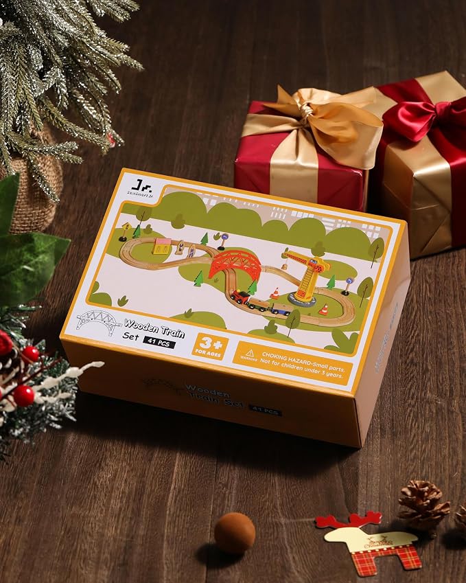 SainSmart Jr. Wooden Train Set for Toddler, 41pcs Wood Train Track w/Crane Fits Brio, Thomas, Melissa and Doug, Kids Wood Toy Train for Kids Ages 3+