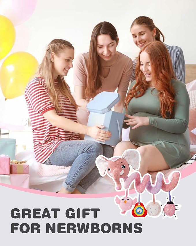 Jollybaby Crib Stroller Car Seat Toys for Baby 0-3-6-9-12 Months, Tummy Time Hanging Sensory Toys for Newborn with Music Box and Teether, Spiral Carseat Toy for Boys Girls Gifts (09-Sz Gray Elephant)